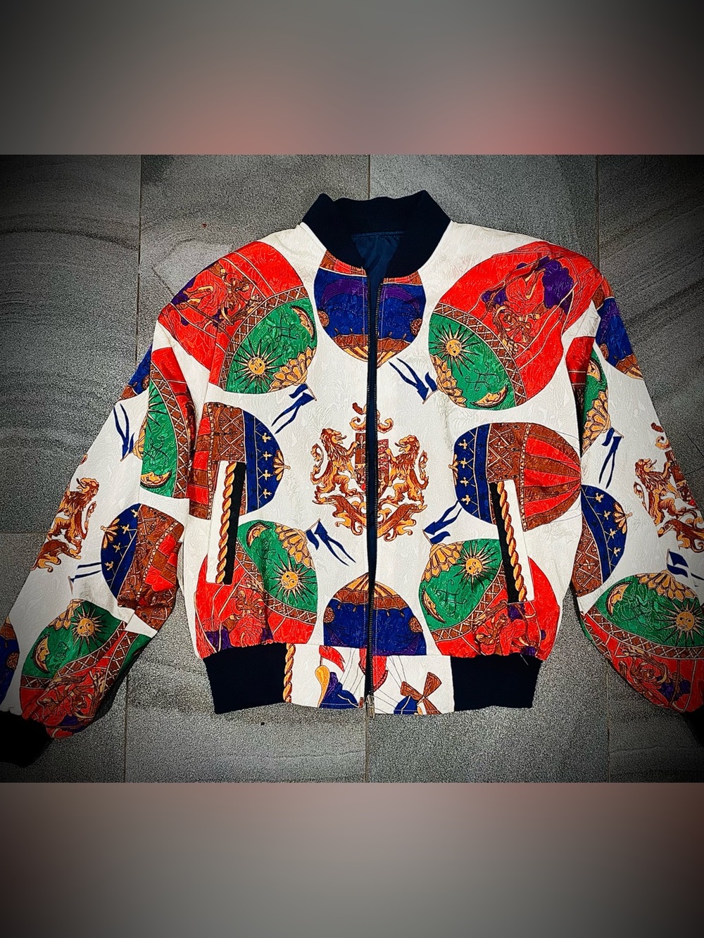 Women’s Vintage 90’s Baroque Silk Abstract Pop Art Hot Air Balloon Bomber Jacket